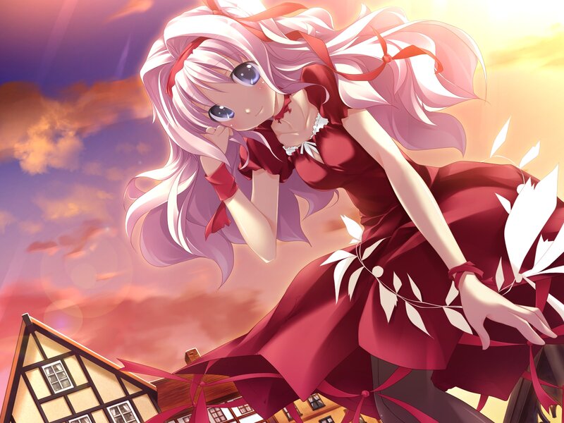 Anime Girl in Red Dress — Dramatic, Sunset, Digital Art, Sky, Houses