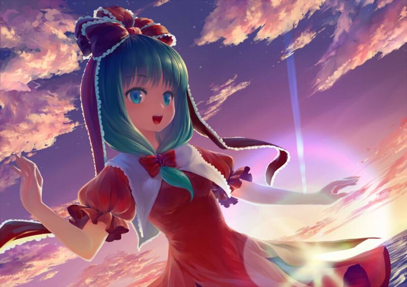 Anime Girl in Red Dress — Dramatic, Sunset, Digital Art, Sky