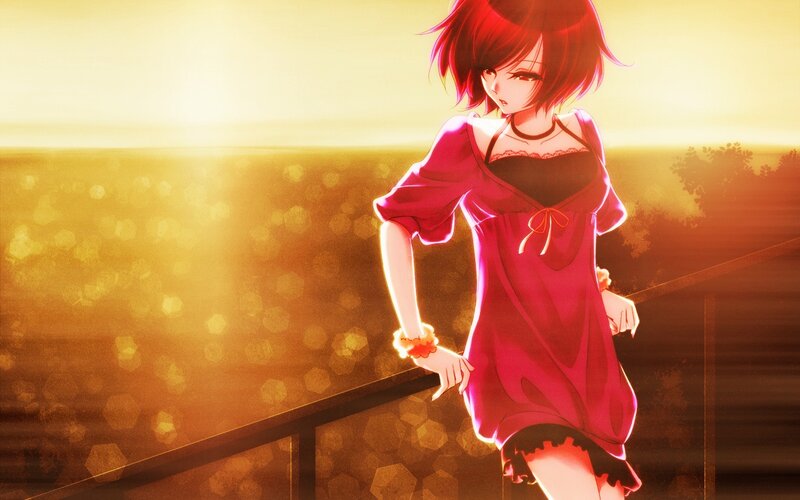 Anime Girl in Red Dress — Dramatic, Sunset, Rail
