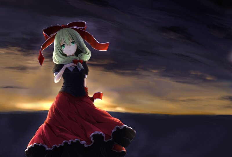 Anime Girl in Red Dress — Dramatic, Sunset, Sky, Bow