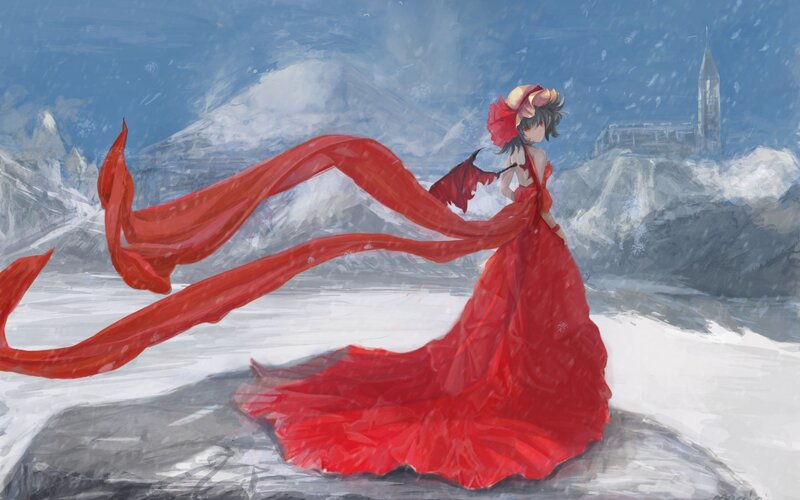 Anime Girl in Red Dress — Dramatic, Winter, Digital Art