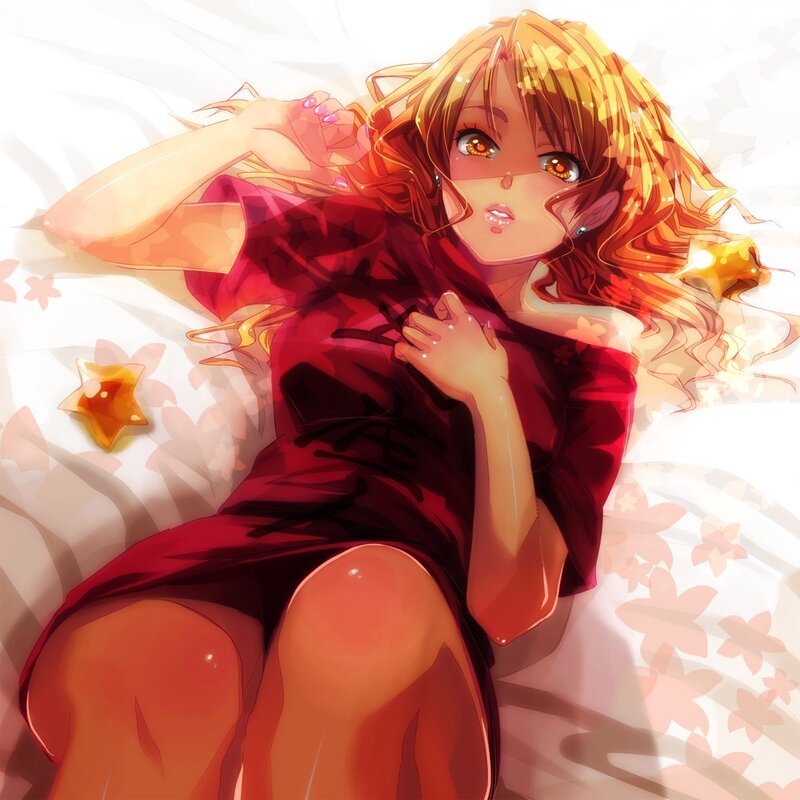 Anime Girl in Red Dress — Dreamy, Bed