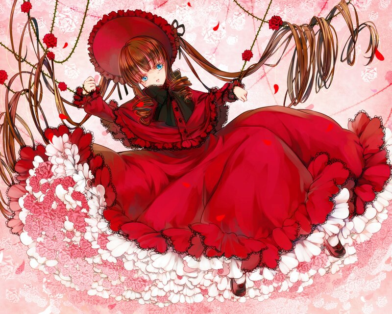 Anime Girl in Red Dress — Dreamy, Digital Art, Flowers