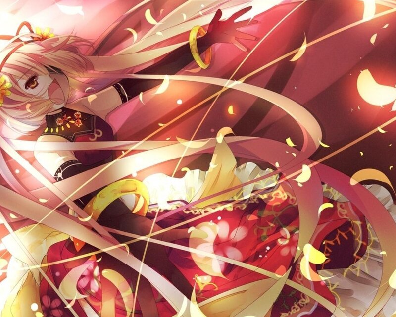 Anime Girl in Red Dress — Dynamic, Digital Art, Flower