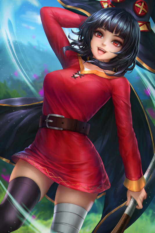 Anime Girl in Red Dress — Dynamic, Digital Art, Sword