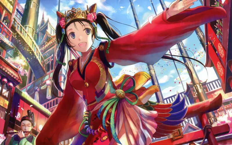 Anime Girl in Red Dress — Festive, Afternoon