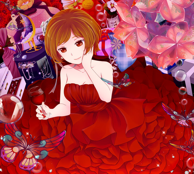 Anime Girl in Red Dress — Festive, Digital Art, Wine Glass