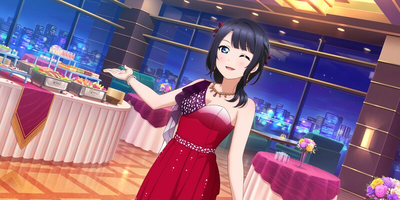 Anime Girl in Red Dress — Festive, Night, Buffet Table