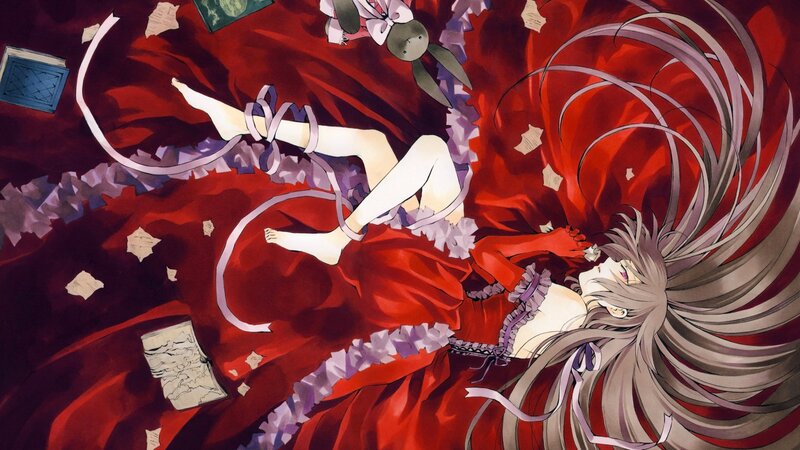 Anime girl in red dress lying down