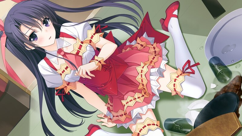 anime girl in red dress lying on floor