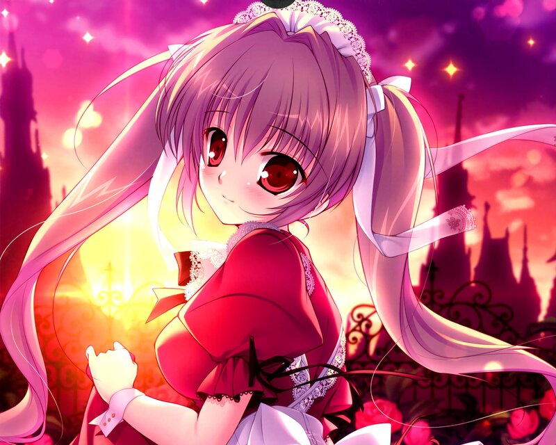 Anime Girl in Red Dress — Pink, Dramatic, Sunset