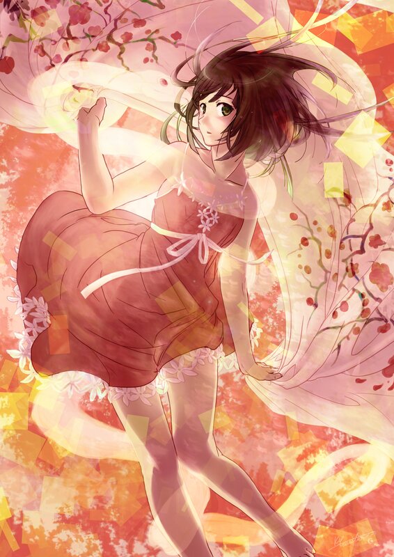 Anime Girl in Red Dress — Pink, Dreamy, Spring, Digital Art