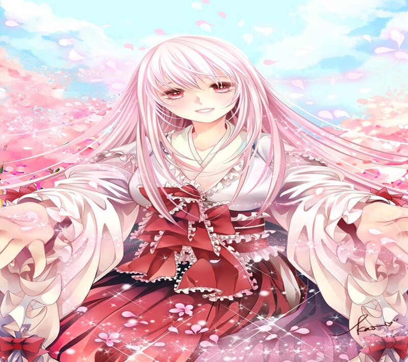 Anime Girl in Red Dress — Pink, Serene, Spring, Digital Art, Cherry Blossoms