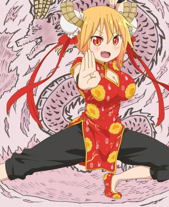 Anime Girl in Red Dress — Playful, Dragon