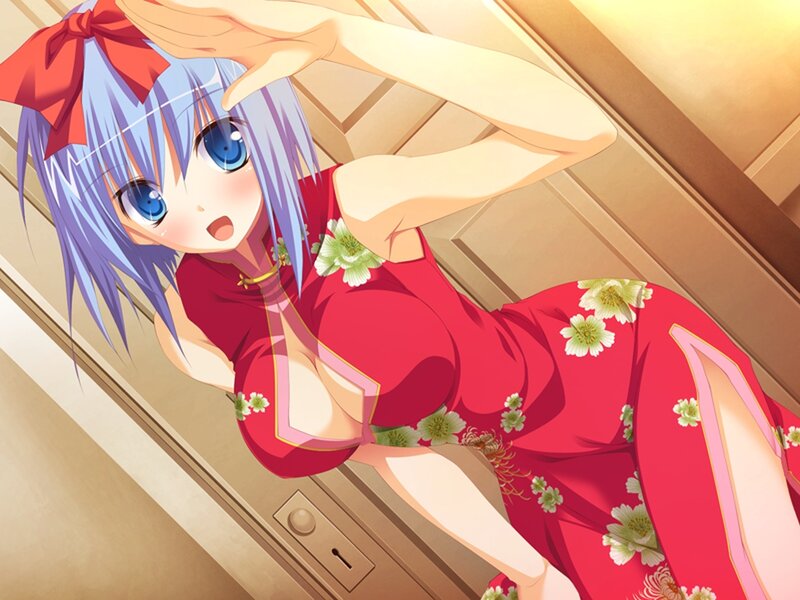 Anime Girl in Red Dress — Playful, Red Bow
