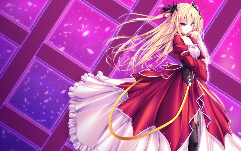 Anime Girl in Red Dress — Purple, Dramatic, Long Blonde Hair