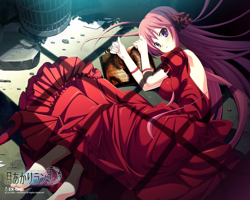 Anime girl in red dress reading