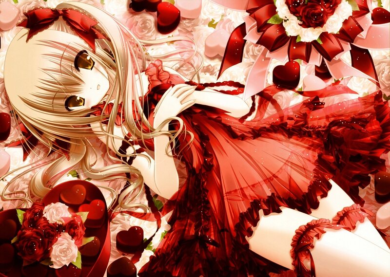 Anime Girl in Red Dress — Romantic, Roses