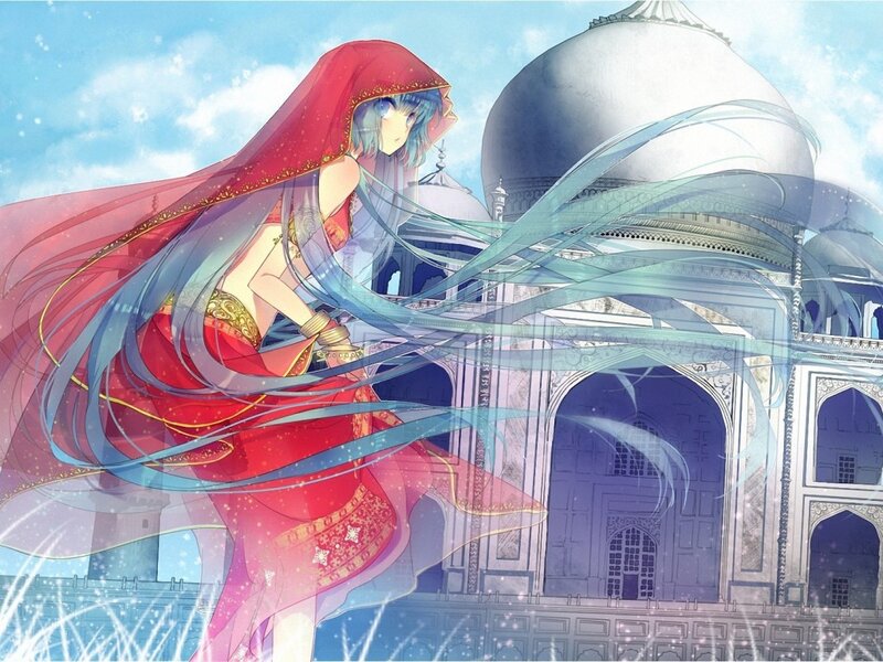 Anime Girl in Red Dress — Serene, Afternoon, Digital Art, Building