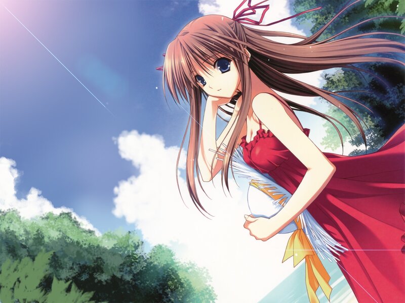 Anime Girl in Red Dress — Serene, Afternoon, Sky