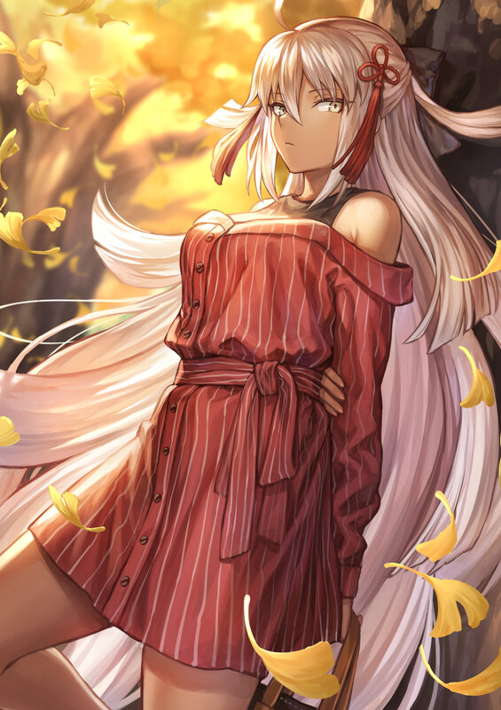 Anime Girl in Red Dress — Serene, Autumn, Digital Art, Fallen Leaves