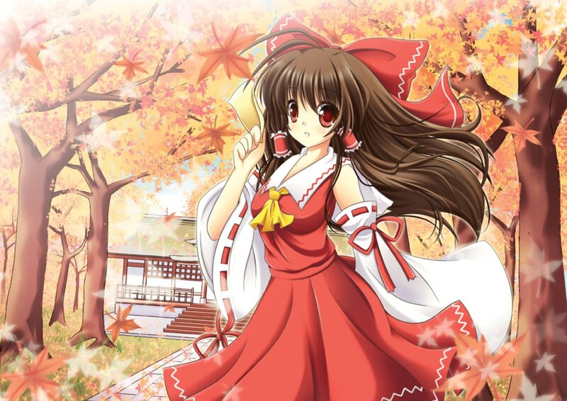 Anime Girl in Red Dress — Serene, Autumn, Maple Trees