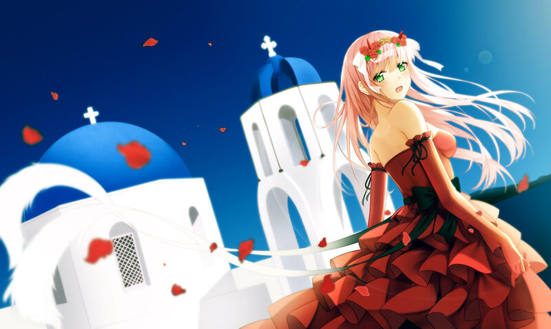 Anime Girl in Red Dress — Serene, Night, Blue Domes