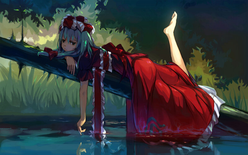 Anime Girl in Red Dress — Serene, Night, Digital Art, River