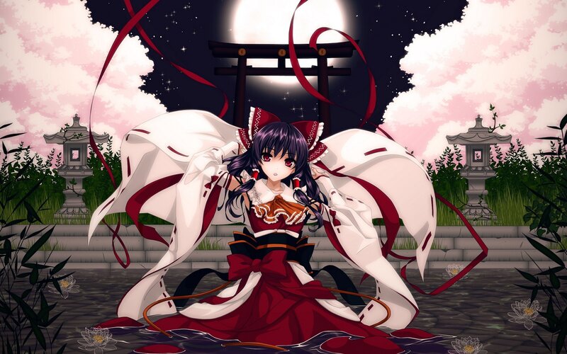 Anime Girl in Red Dress — Serene, Night, Torii Gate
