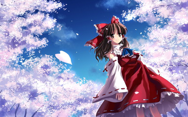 Anime Girl in Red Dress — Serene, Spring, Cherry Blossoms, Sky