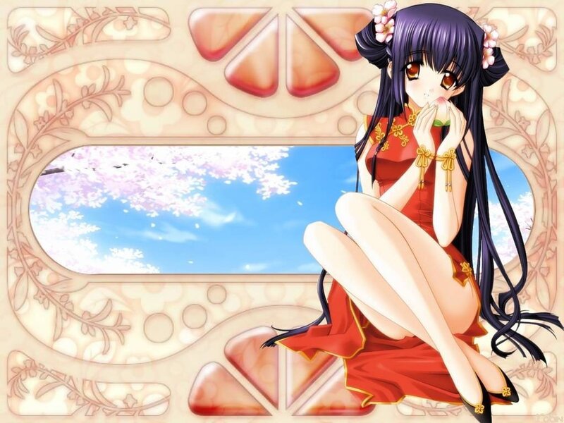 Anime Girl in Red Dress — Serene, Spring, Cherry Blossoms, Window