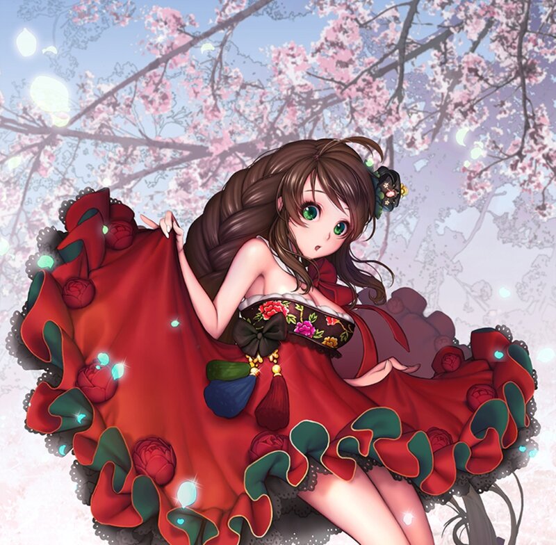 Anime Girl in Red Dress — Serene, Spring, Digital Art, Cherry Blossoms, Braid