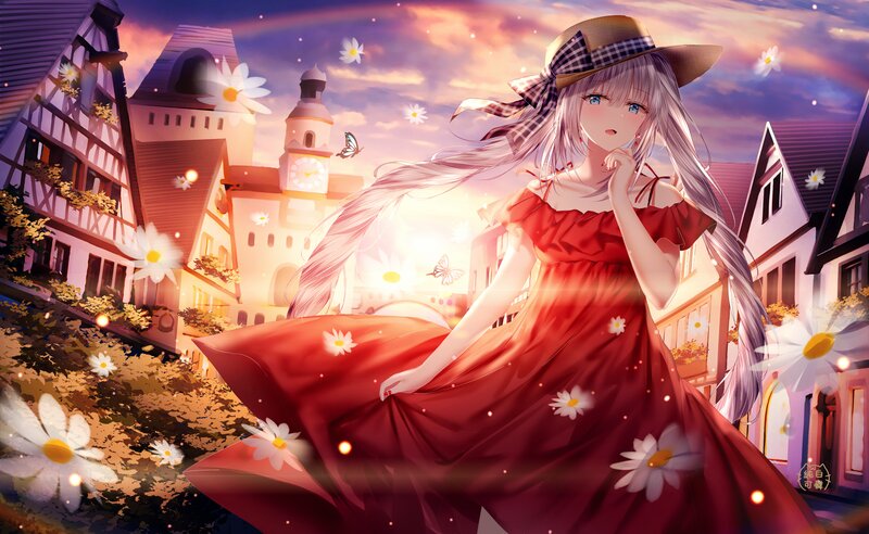 Anime Girl in Red Dress — Serene, Sunset, Digital Art, Daisies