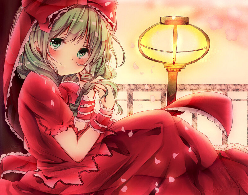 Anime Girl in Red Dress — Serene, Sunset, Digital Art, Lantern