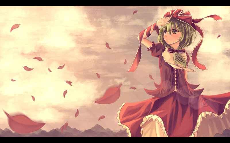 Anime Girl in Red Dress — Serene, Sunset, Falling Leaves