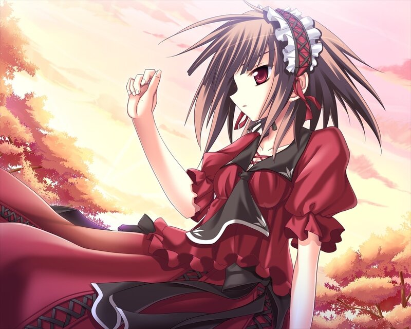 Anime Girl in Red Dress — Serene, Sunset, Trees