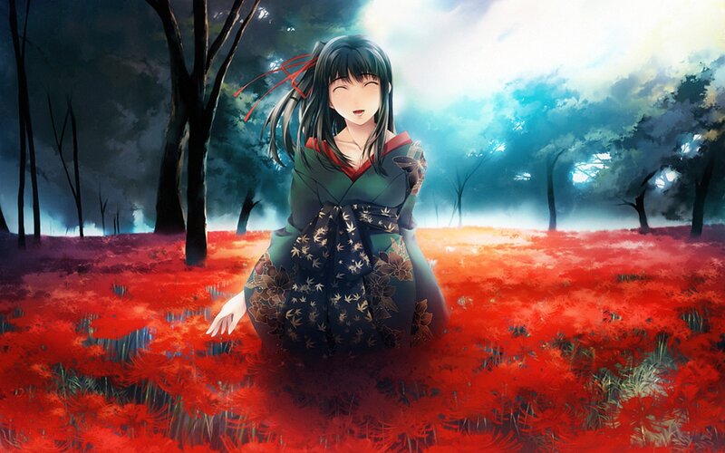 Anime Girl in Red Field — Dramatic