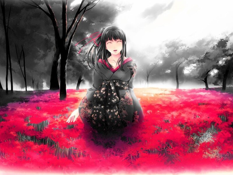 Anime girl in red flower field