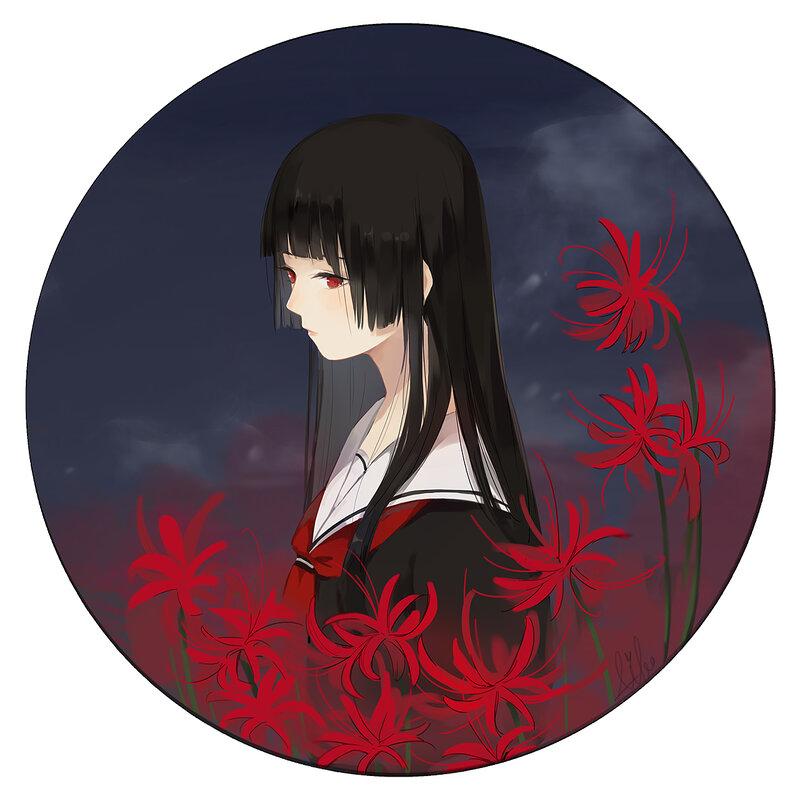 Anime Girl in Red Flowers — Black, Melancholic