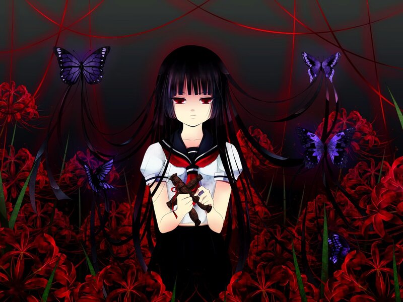 Anime Girl in Red Flowers — Black