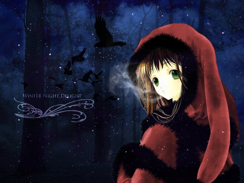 Anime Girl in Red Hood — Mysterious, Night