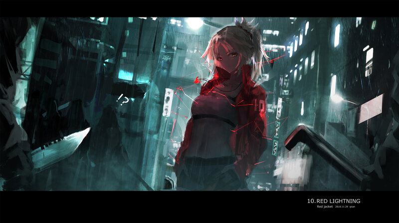 Anime Girl in Red Jacket — Dramatic, Night