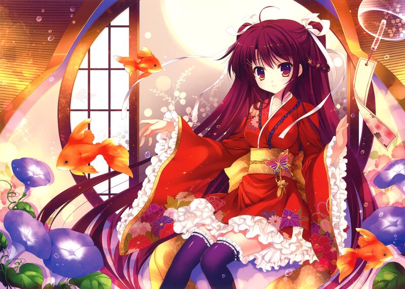 Anime girl in red kimono