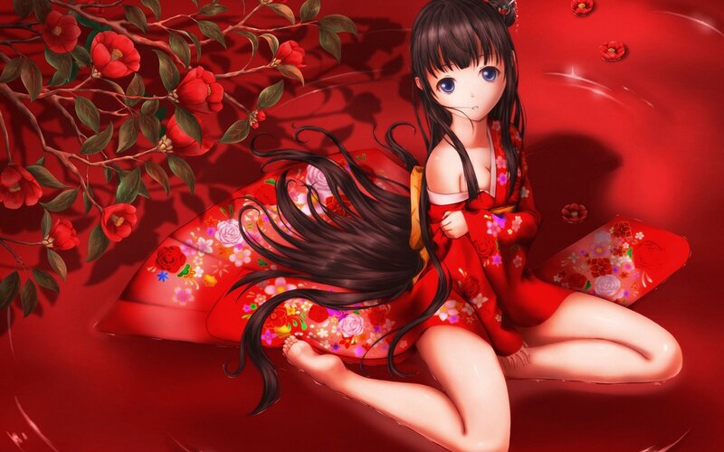 Anime girl in red kimono