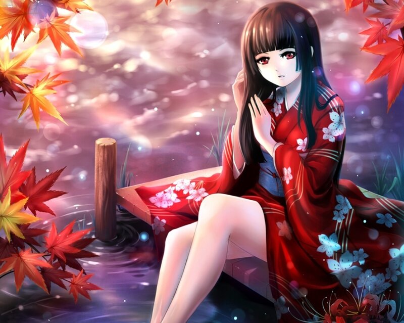 Anime girl in red kimono