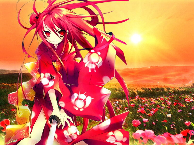 Anime girl in red kimono at sunset