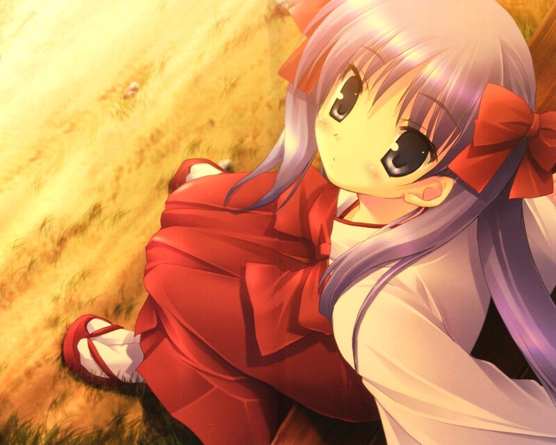 Anime Girl in Red Kimono — Calm, Sunset, Red Bow