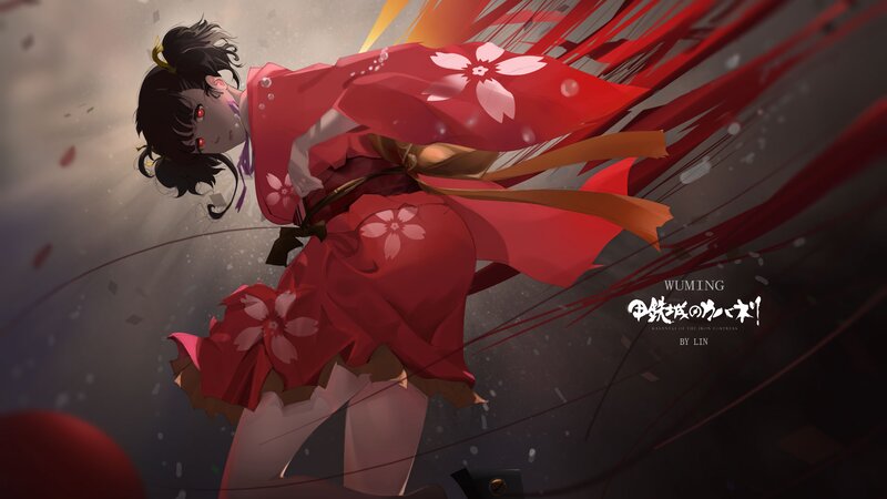 Anime Girl in Red Kimono — Dramatic, Digital Art, Sakura