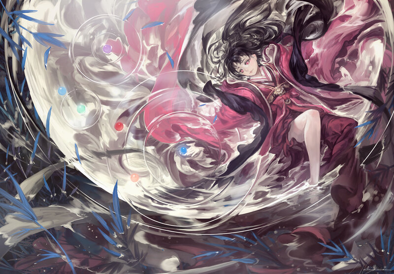 Anime Girl in Red Kimono — Dramatic, Digital Art