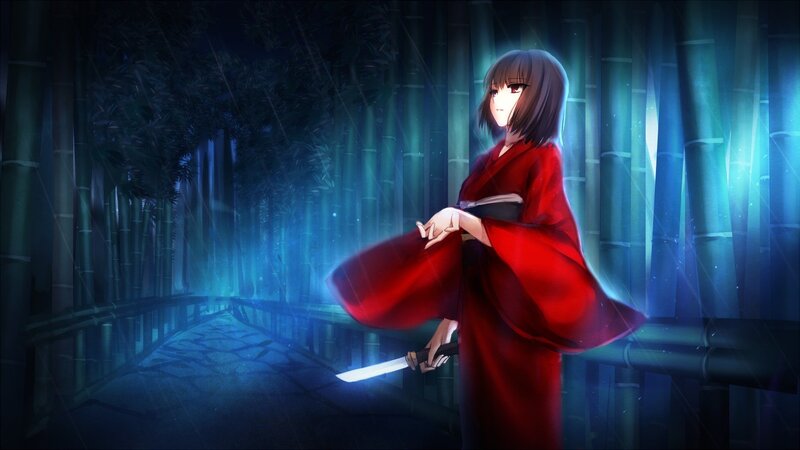 Anime Girl in Red Kimono — Dramatic, Night, Digital Art, Bamboo Forest